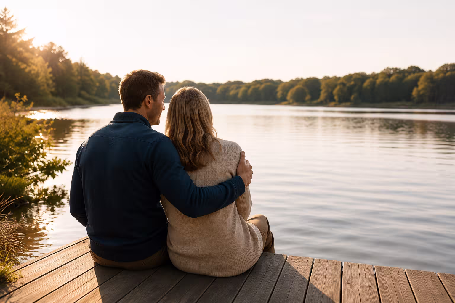 A couple enjoying a seculded vacation spot on a lake pier.